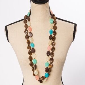 2 longer length bead necklaces chocolate brown, cream, green, blue & peachy pink
